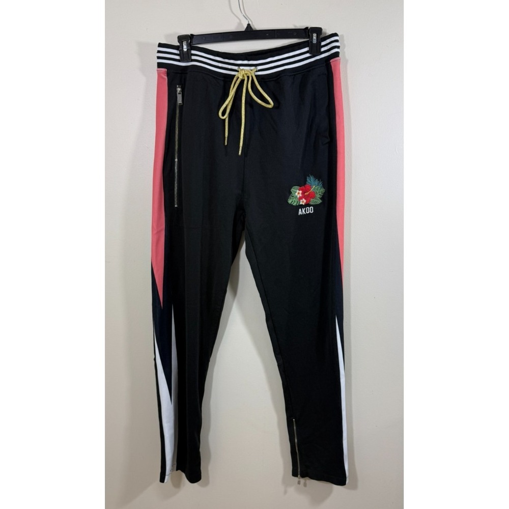AKOO Sweatpants Joggers Mens 3XL Black Pink Floral Embroidered Track Pants